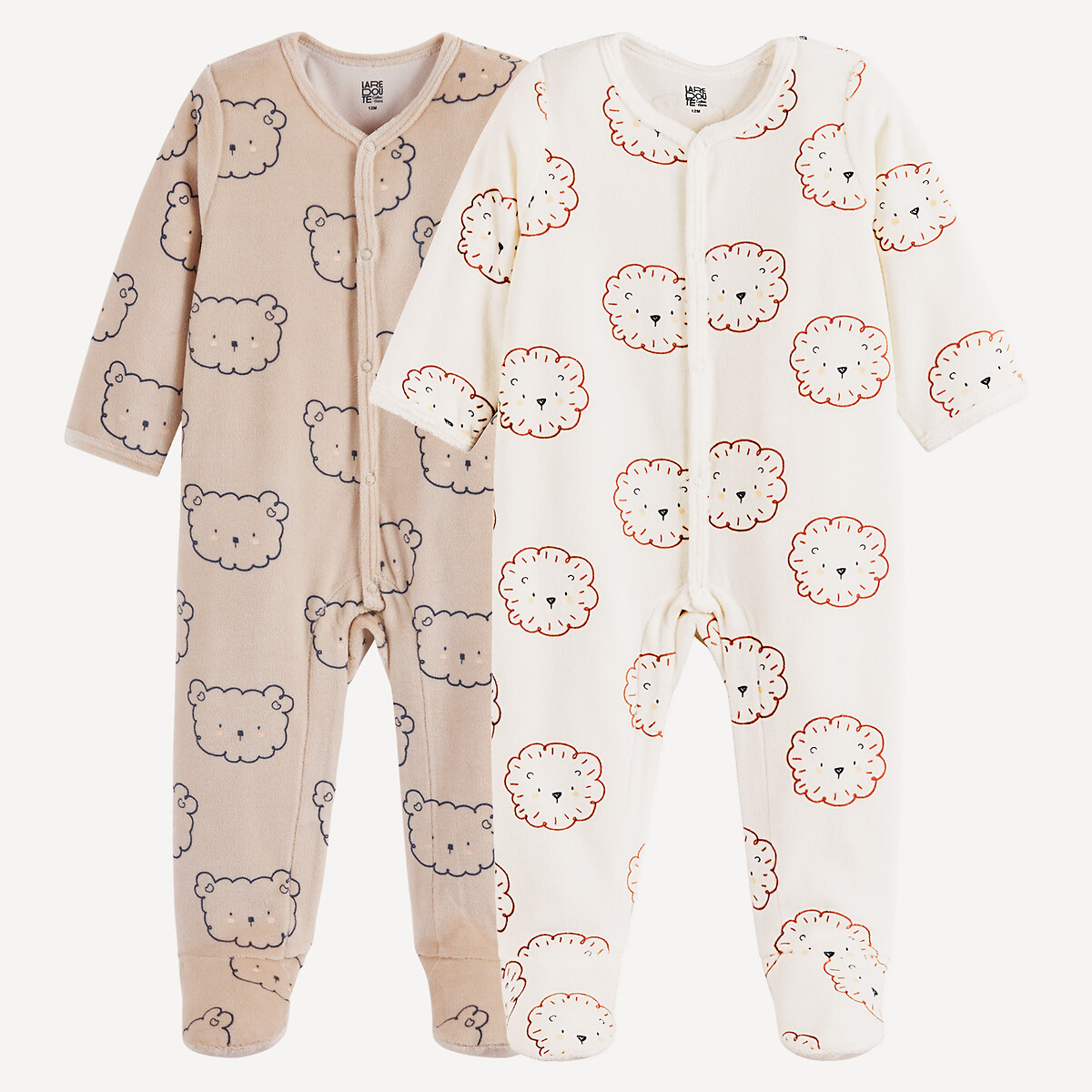La Redoute Collections Pack Of 2 Bear Head Print Velour Pyjamas Brown + Ecru 18M (81Cm) Newborn
