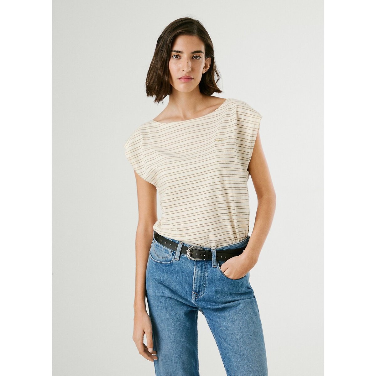 Pepe Jeans Striped Short Sleeve T-Shirt Women's Beige/Gold-Coloured Extra Large
