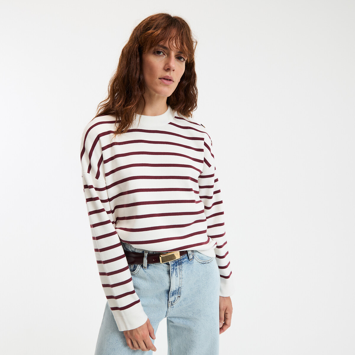La Redoute Collections Breton Striped Cotton Jumper Women's Burgundy Striped Large