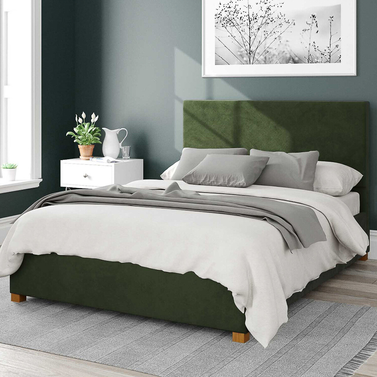 Aspire Unisex Forest Green Garland Velvet Storage Ottoman Bed With Plain Upholstered Headboard King Size (150 X 200Cm)