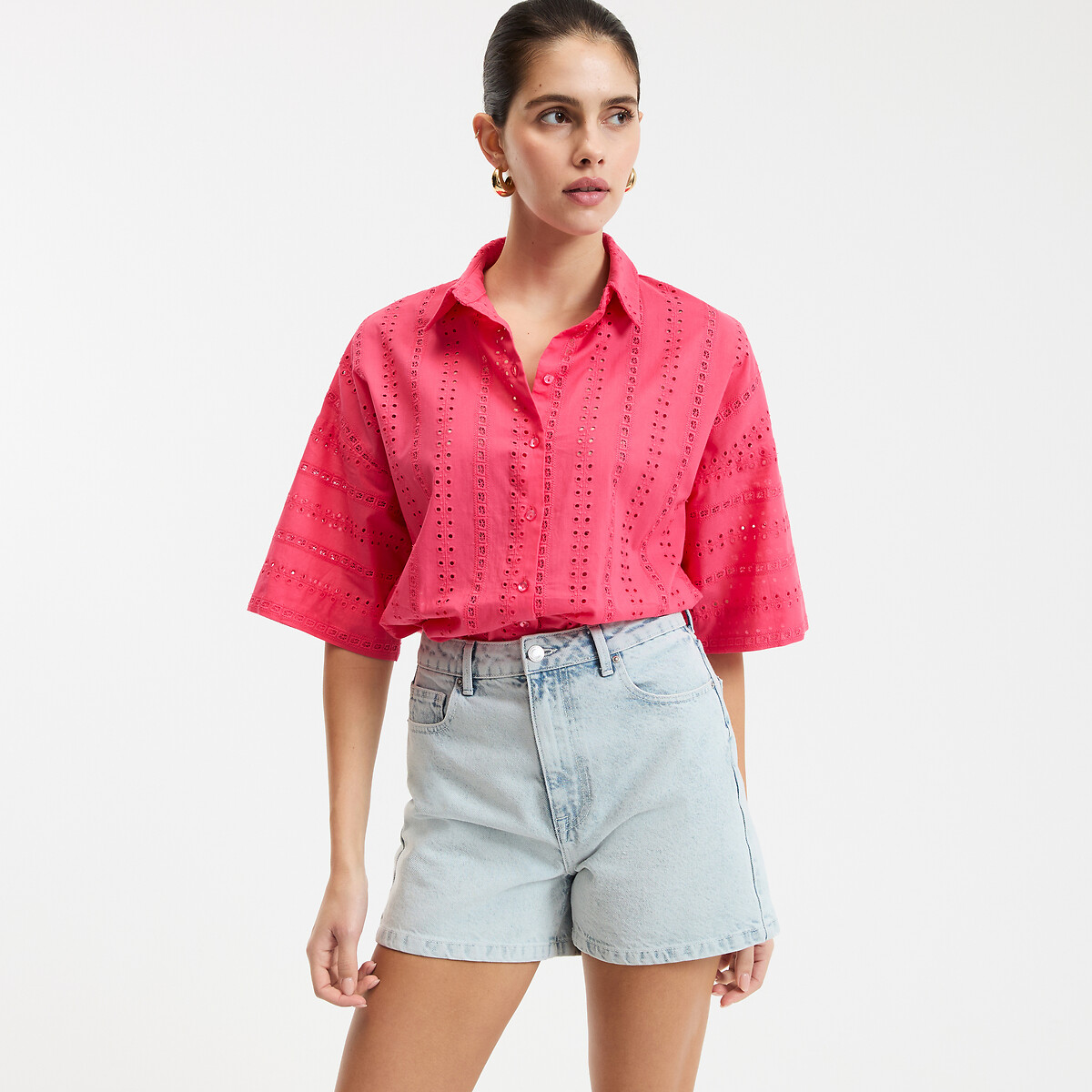 Camisa amplia de bordado inglés, mangas al codo Mujer Talla M. Color Rosa