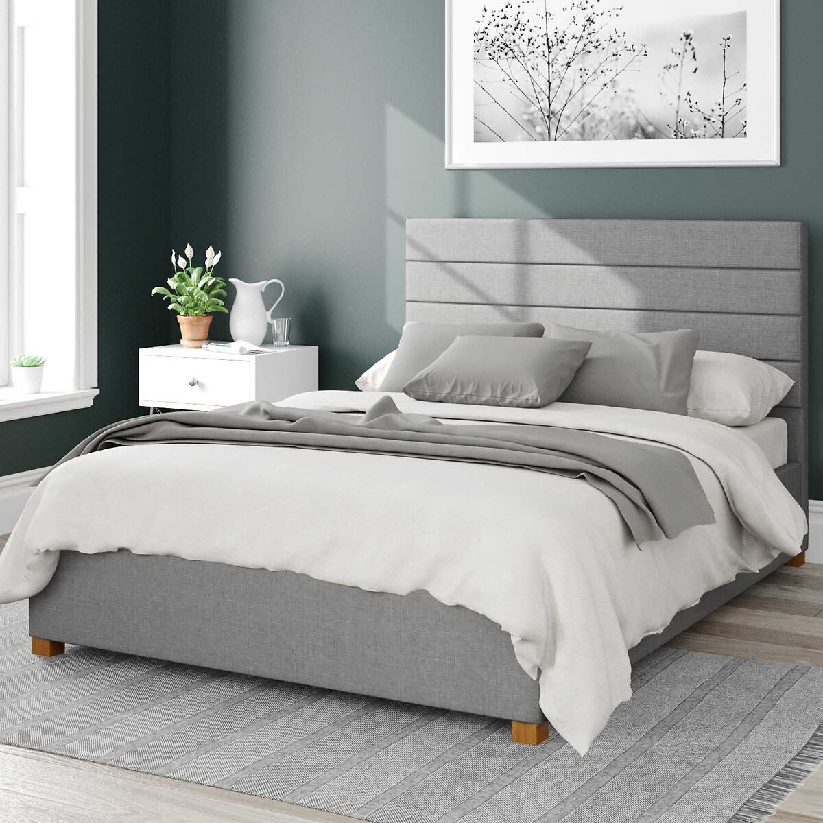 Aspire Unisex Grey Kelly Linen Storage Ottoman Bed With Modern Horizontal Upholstered Headboard King Size (150 X 200Cm)