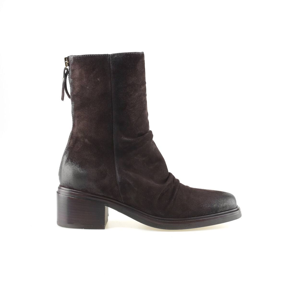 Mjus Block Heel Pleated Suede Ankle Boots Women's Dark Brown Size 39