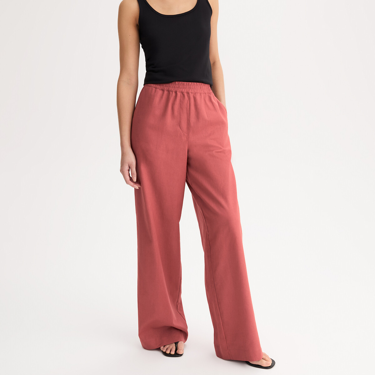Pantalon large en lin et coton à taille élastiquée