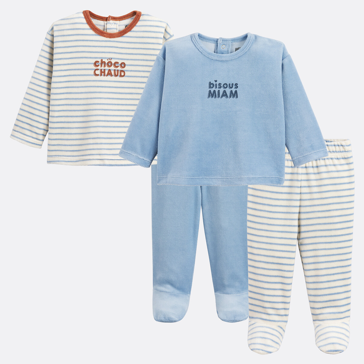 La Redoute Collections Pack Of 2 Slogan Print/Striped Velour Pyjamas Blue + Striped 2Y (86Cm) Newborn