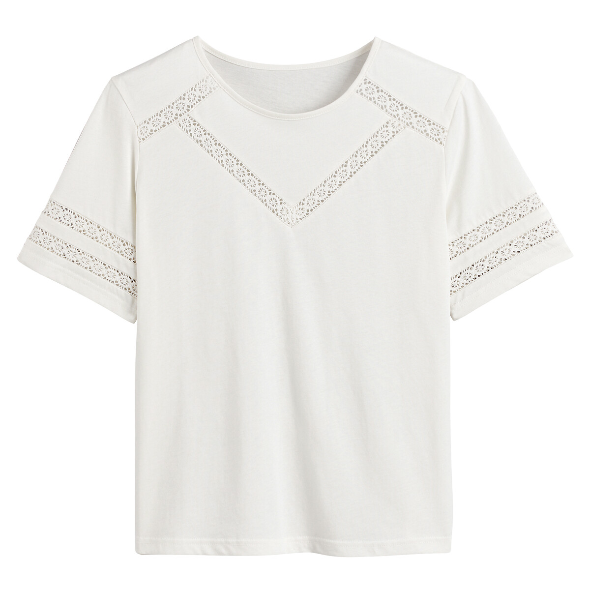 La Redoute Collections Cotton Crew Neck T-Shirt With Guipure Lace Detailing Women's Ivory Extra Small