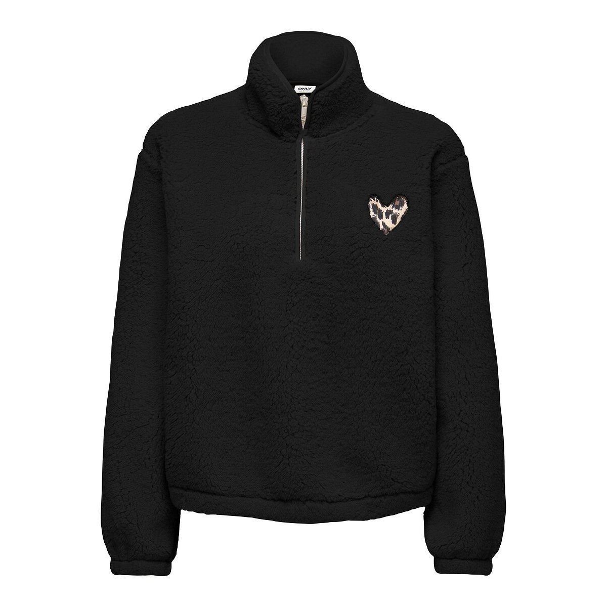 Only Sudadera de sherpa con media cremallera, detalle en el pecho en forma de corazón. Negro