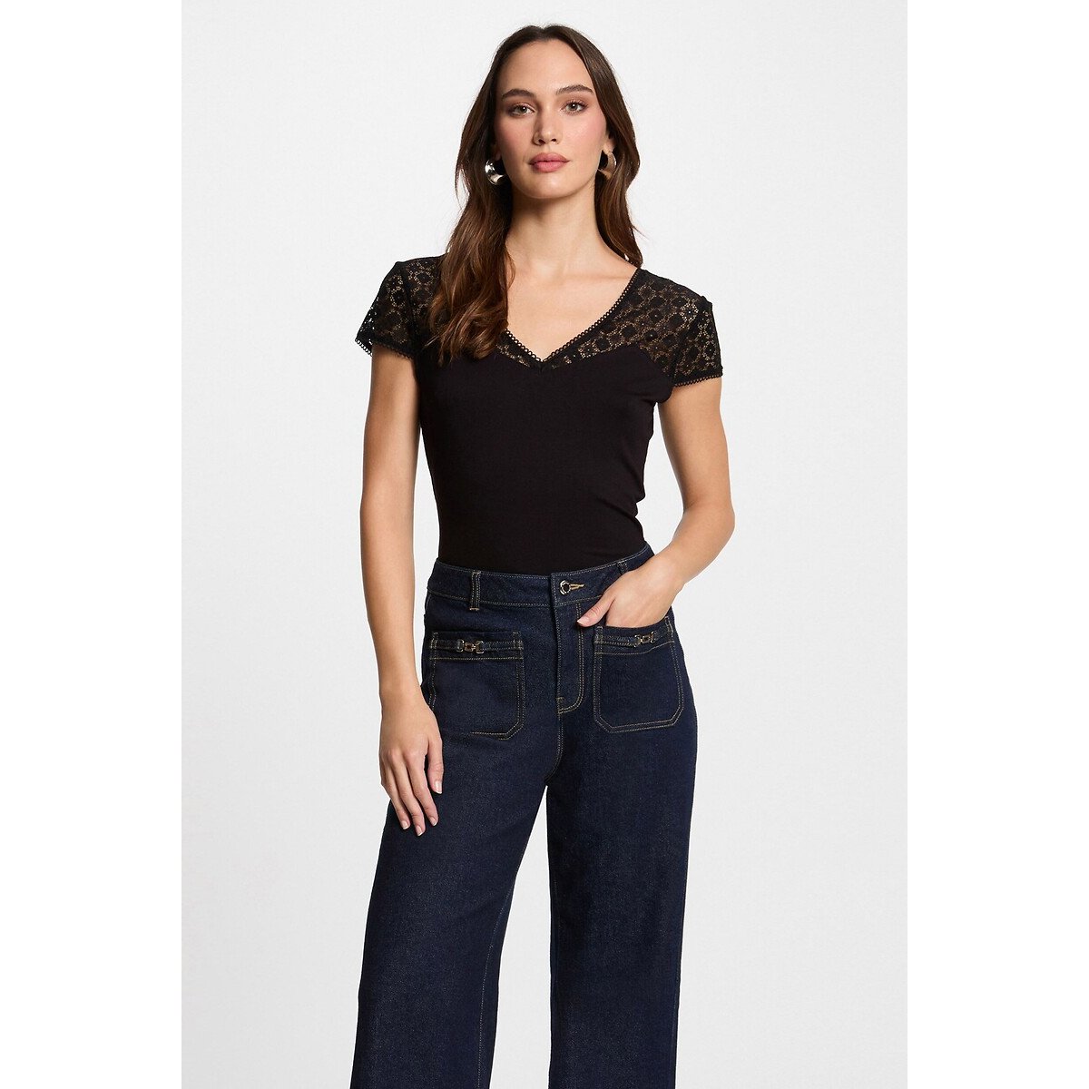 Morgan V-Neck T-Shirt With Short Sleeves Women's Black Extra Small