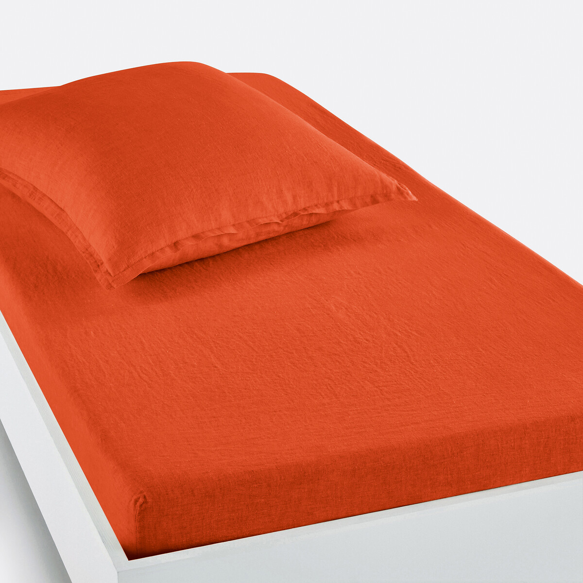 La Redoute Interieurs Linot 30Cm High Washed Linen Child's Fitted Sheet Unisex Orange Single (90X190cm)