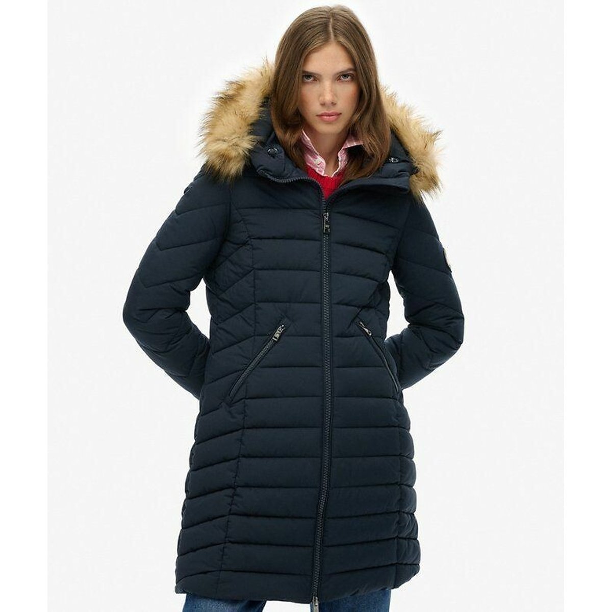 Superdry Mid-Length Padded Jacket With Faux Fur Hood Women's Navy Blue Size 8 - La Redoute