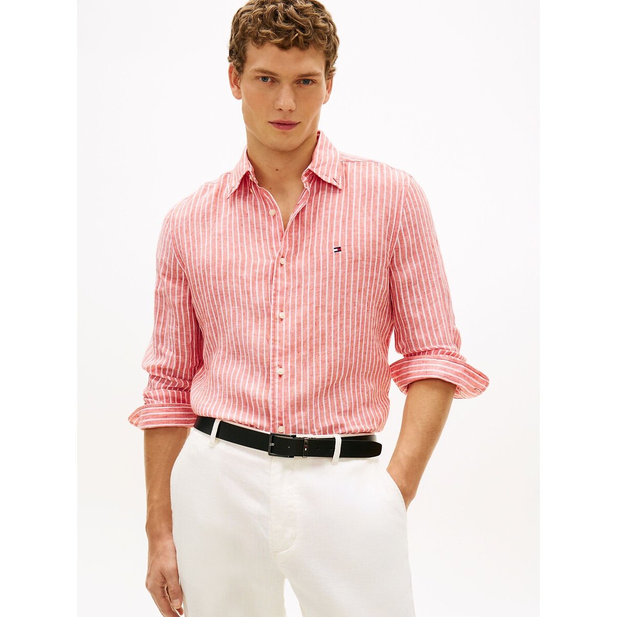 Tommy Hilfiger Linen Shirt Men's Orange Striped Extra Large