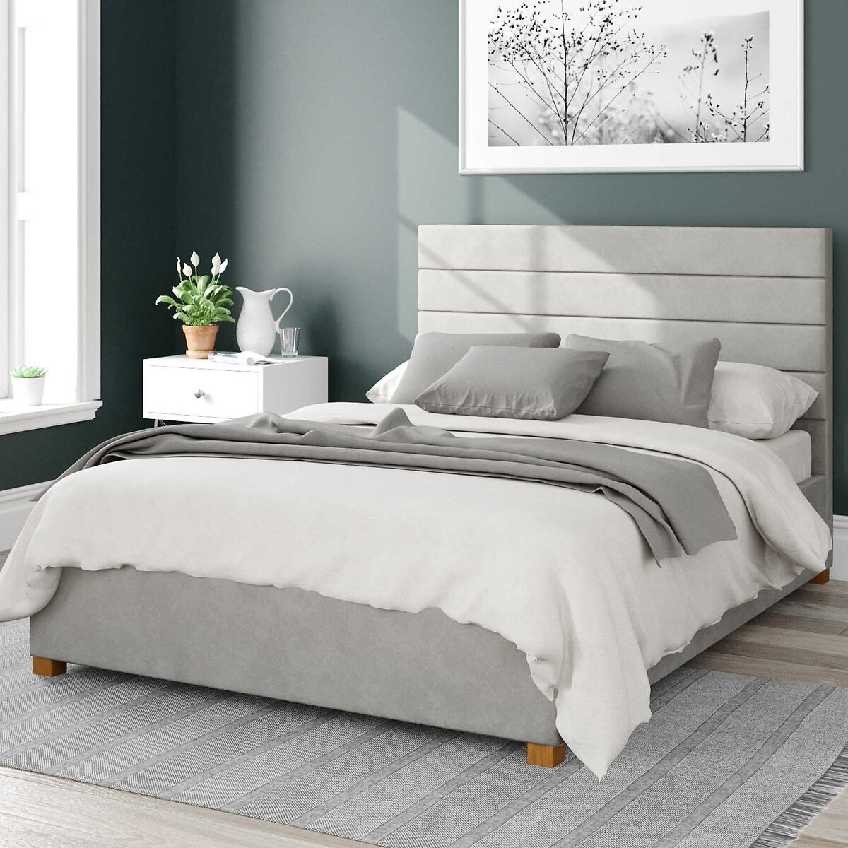 Aspire Unisex Light Grey Kelly Velvet Storage Ottoman Bed With Modern Horizontal Upholstered Headboard King Size (150 X 200Cm)