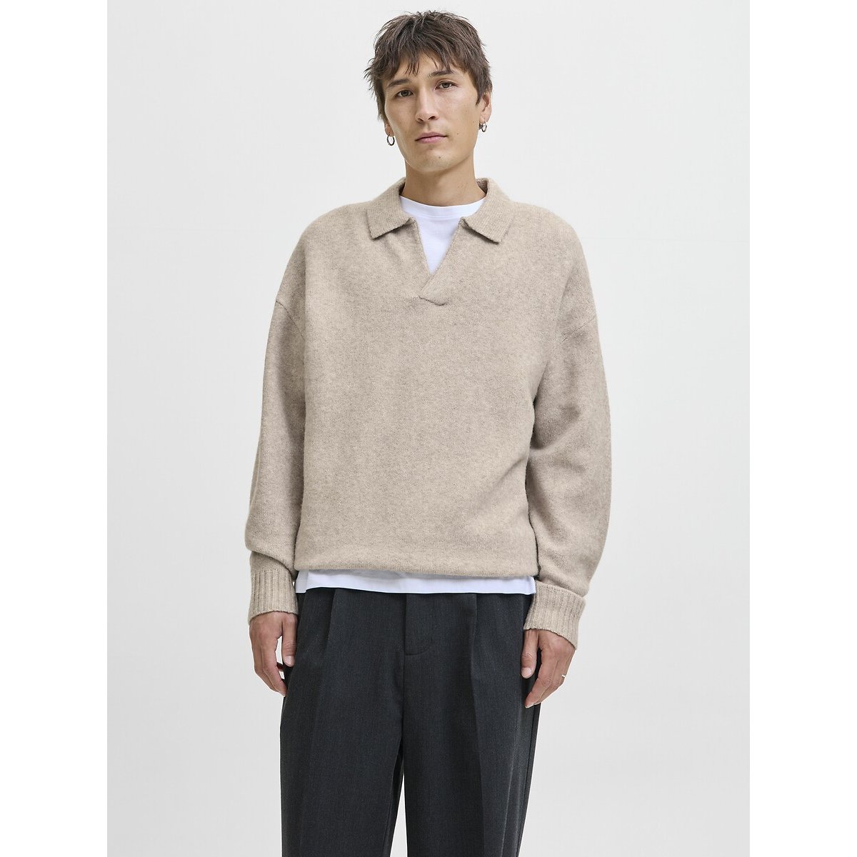 Jack & Jones Open Jumper With Polo Collar Men's Beige Extra Large