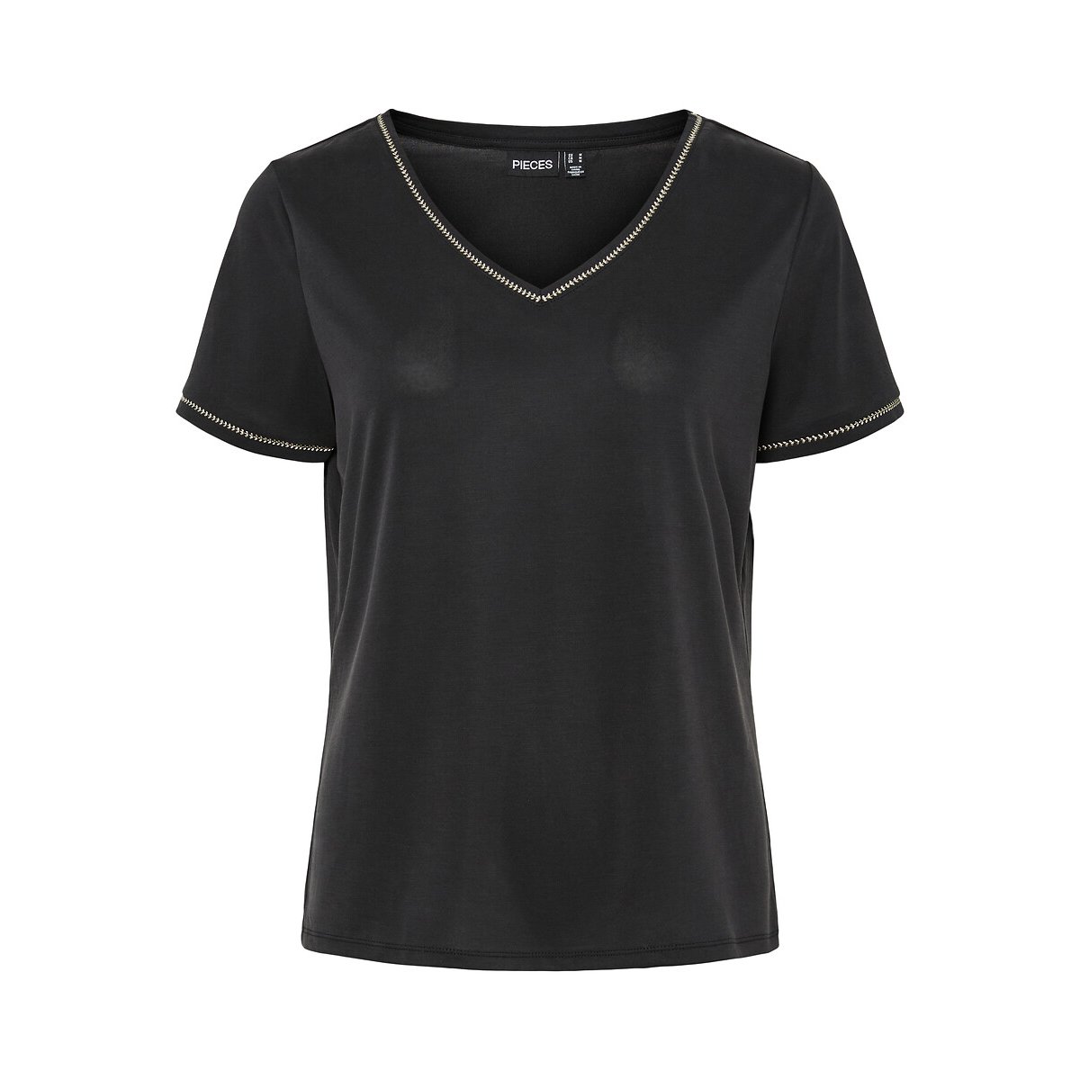Pieces Short Sleeve V-Neck Silver Detail T-Shirt Women's Black Extra Small