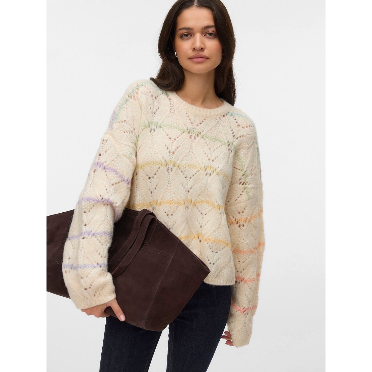 Vero Moda Striped Long Sleeve Openwork Jumper Women's Ecru/Pink Extra Small