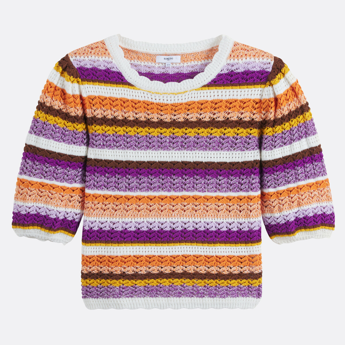 Camisola de croché às riscas, mangas até ao cotovelo, PANACA, Suncoo