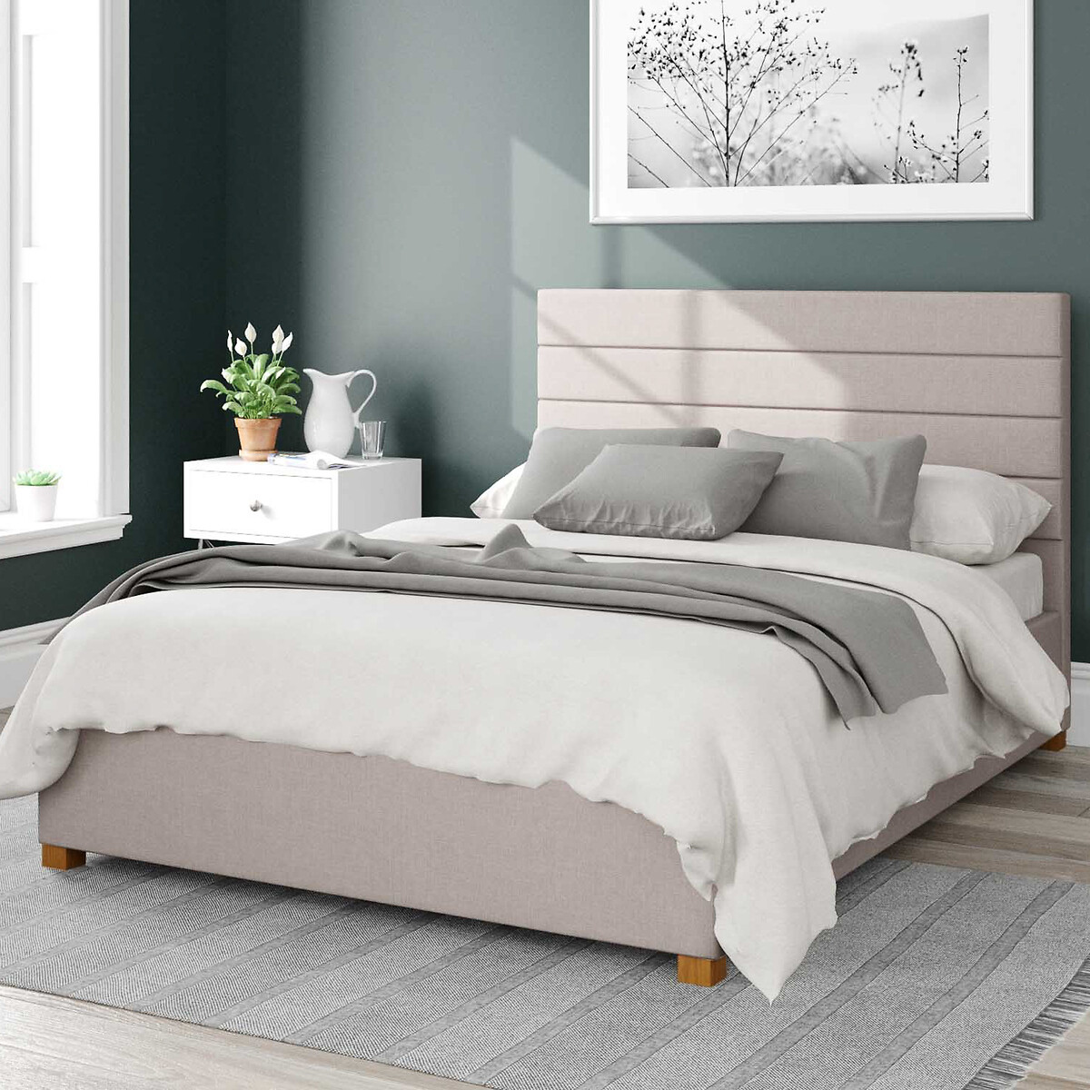 Aspire Unisex Ecru Kelly Linen Storage Ottoman Bed With Modern Horizontal Upholstered Headboard King Size (150 X 200Cm)