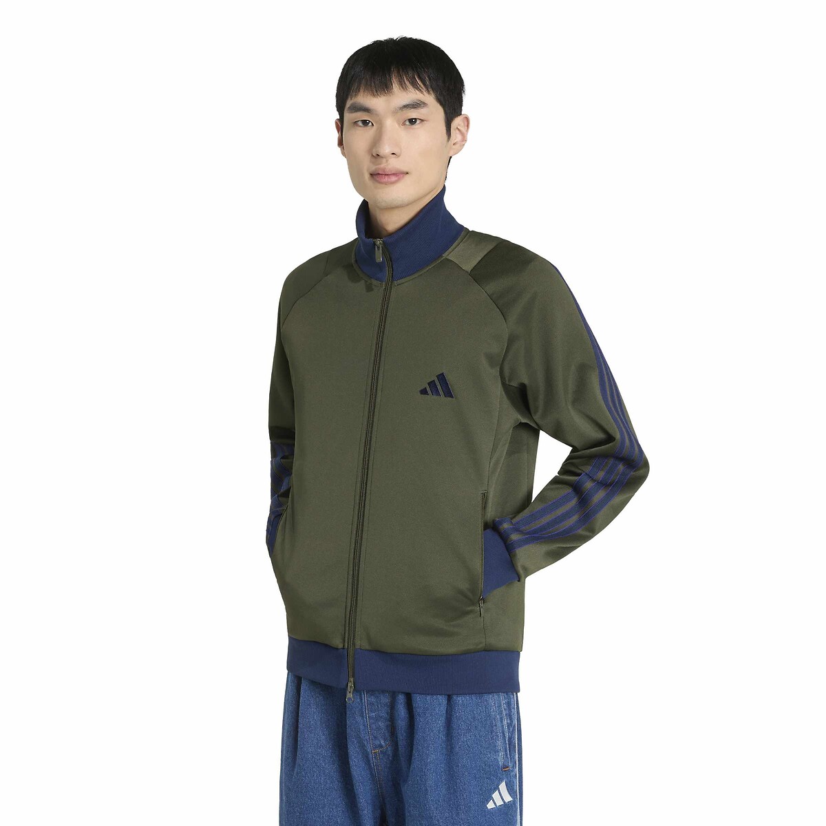 Adidas Sportswear High Neck Sweatshirt Men's Khaki Green/Navy Large