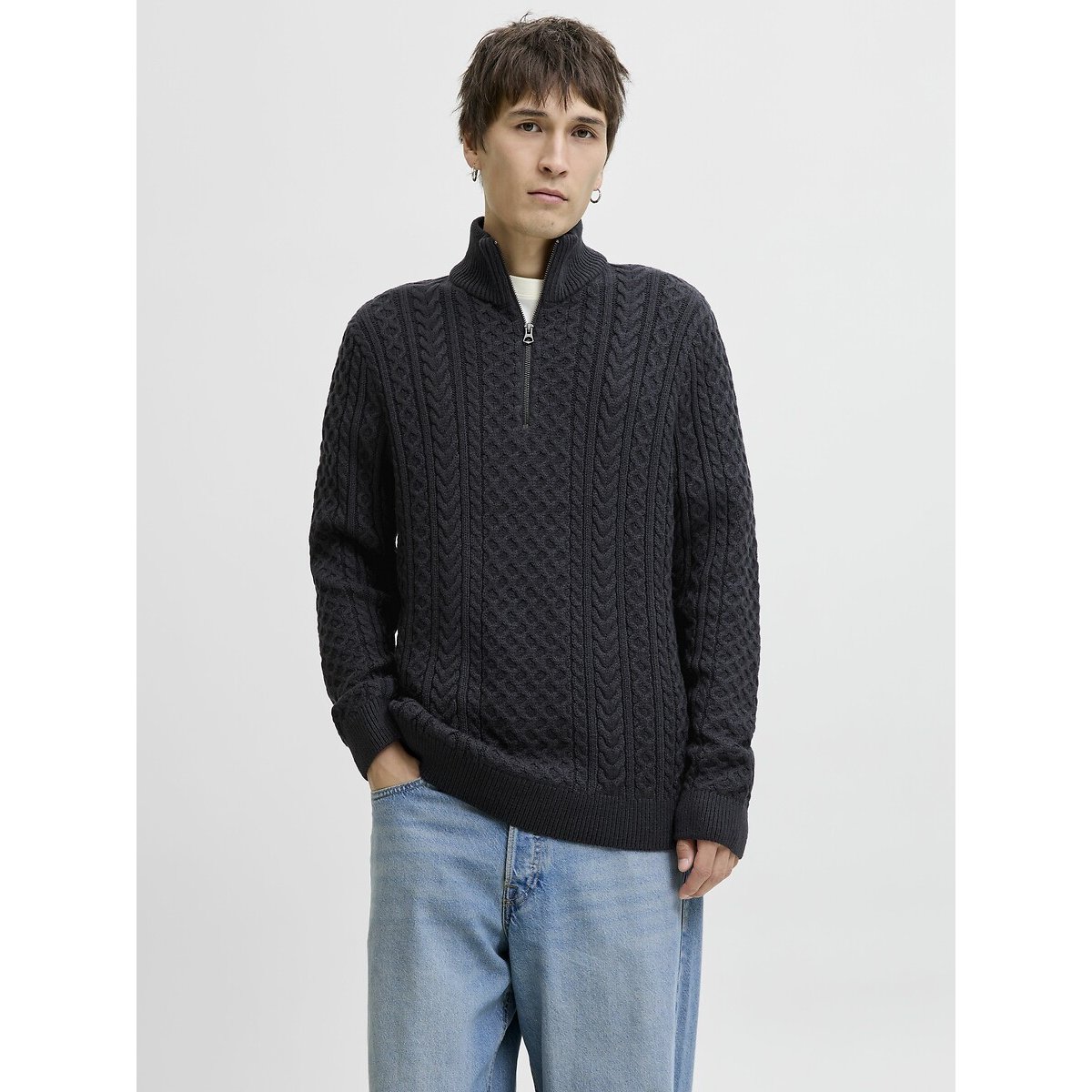 Jack & Jones Men's Navy Cable Knit Jumper With Quarter-Zip Small
