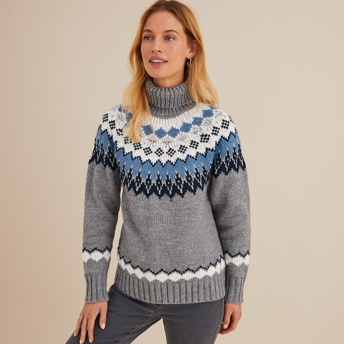 Anne Weyburn Turtleneck Jumper In Chunky Knit Women's Jacquard/Grey Marl Background 14/16