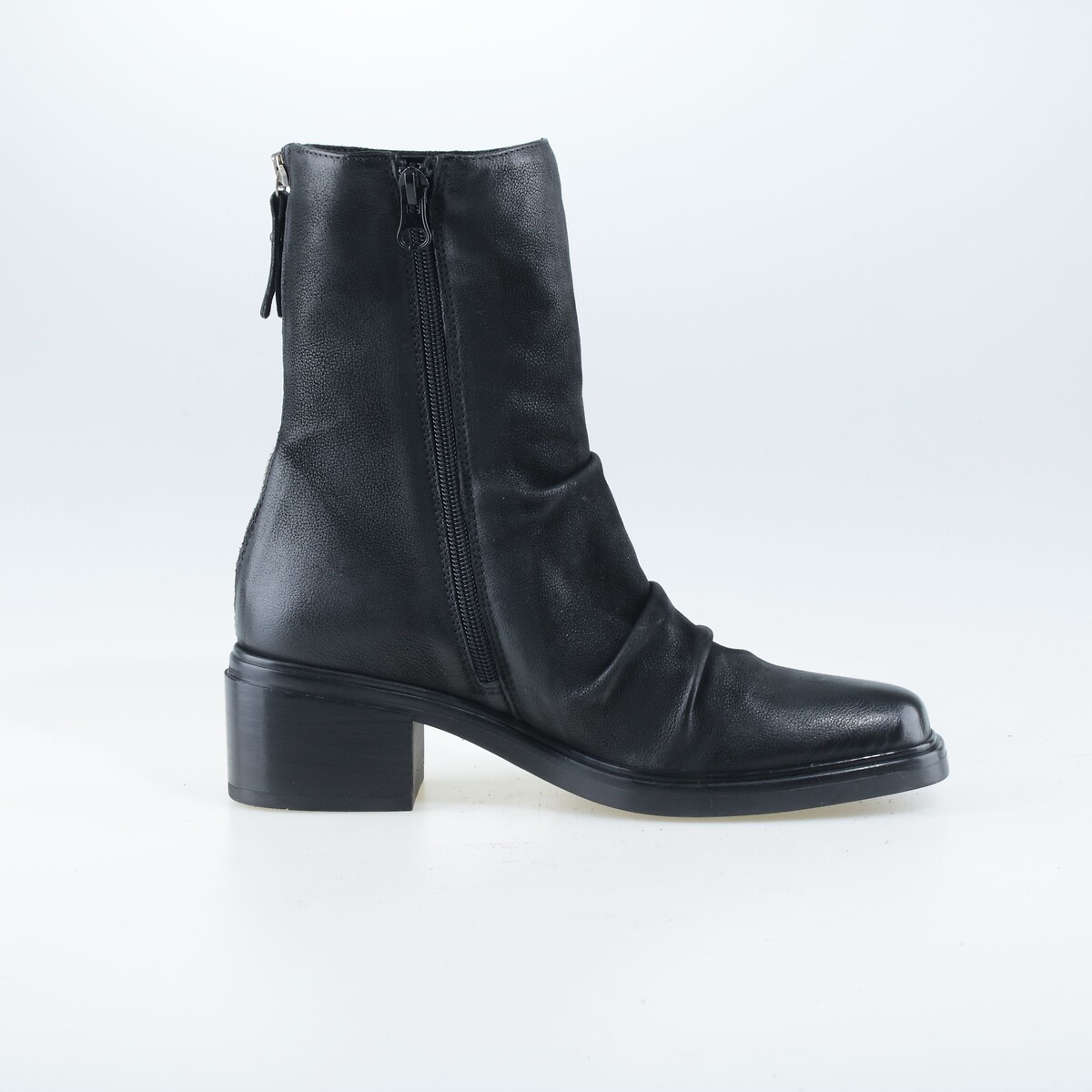 Mjus Block Heel Pleated Leather Ankle Boots Women's Black Size 39