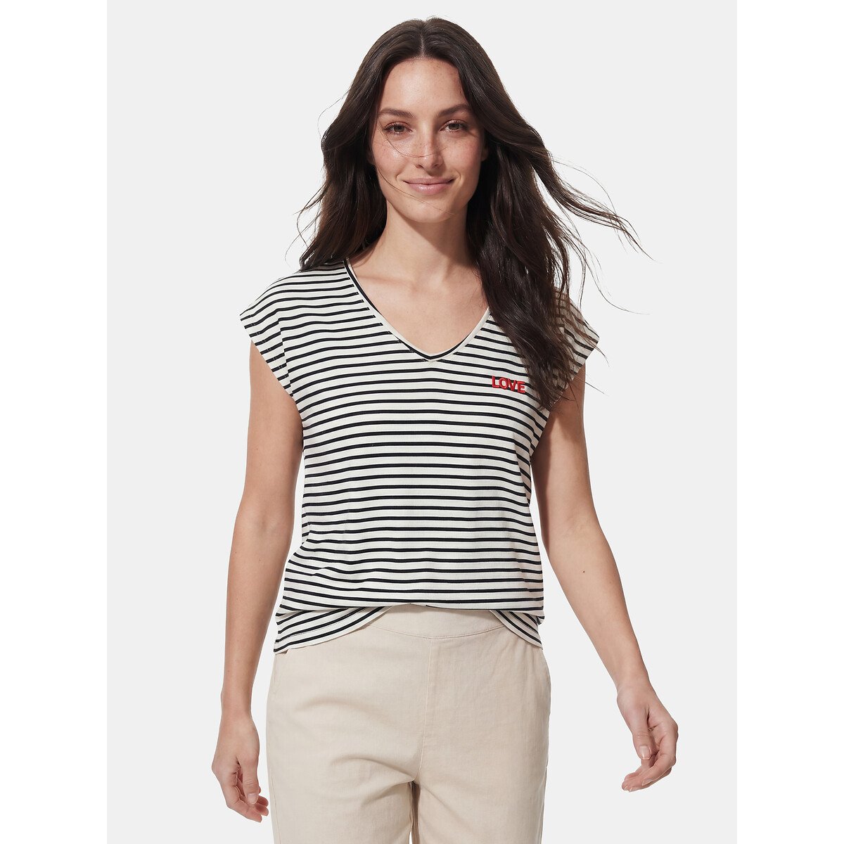 Pieces Striped Chest Slogan V-Neck T-Shirt Women's Blue/White Small