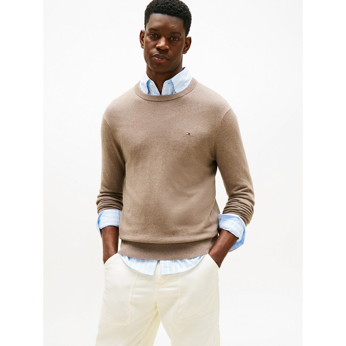Tommy Hilfiger Pima Cotton/Cashmere Jumper With Crew Neck Men's Taupe Extra Large