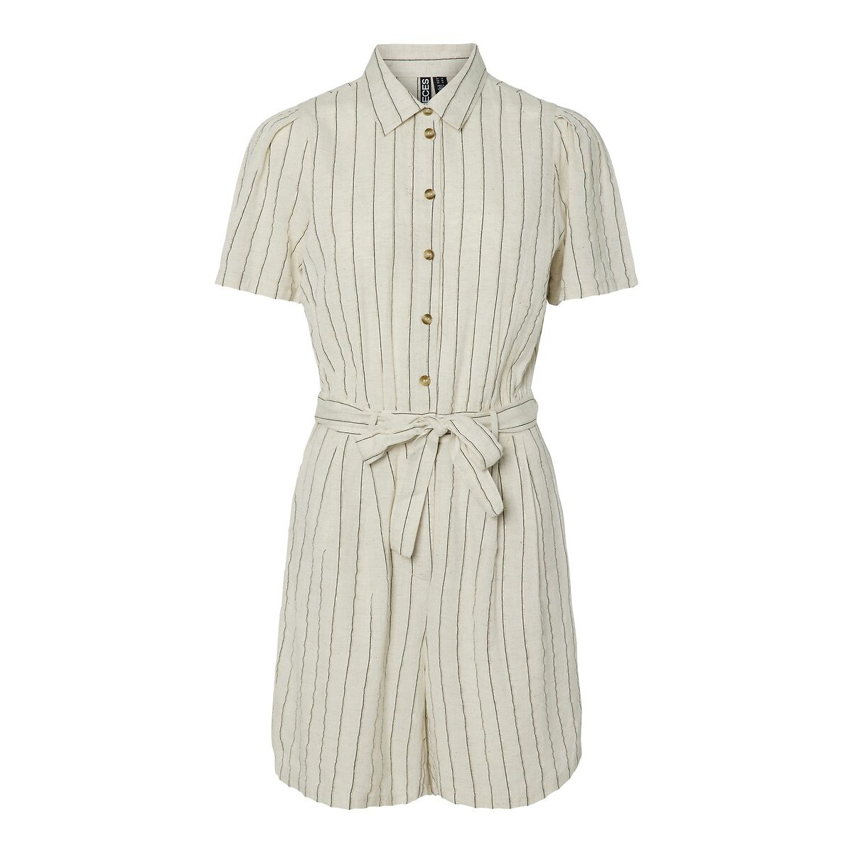 Pieces Belted Striped Jumpsuit Women's Ecru Striped Extra Small