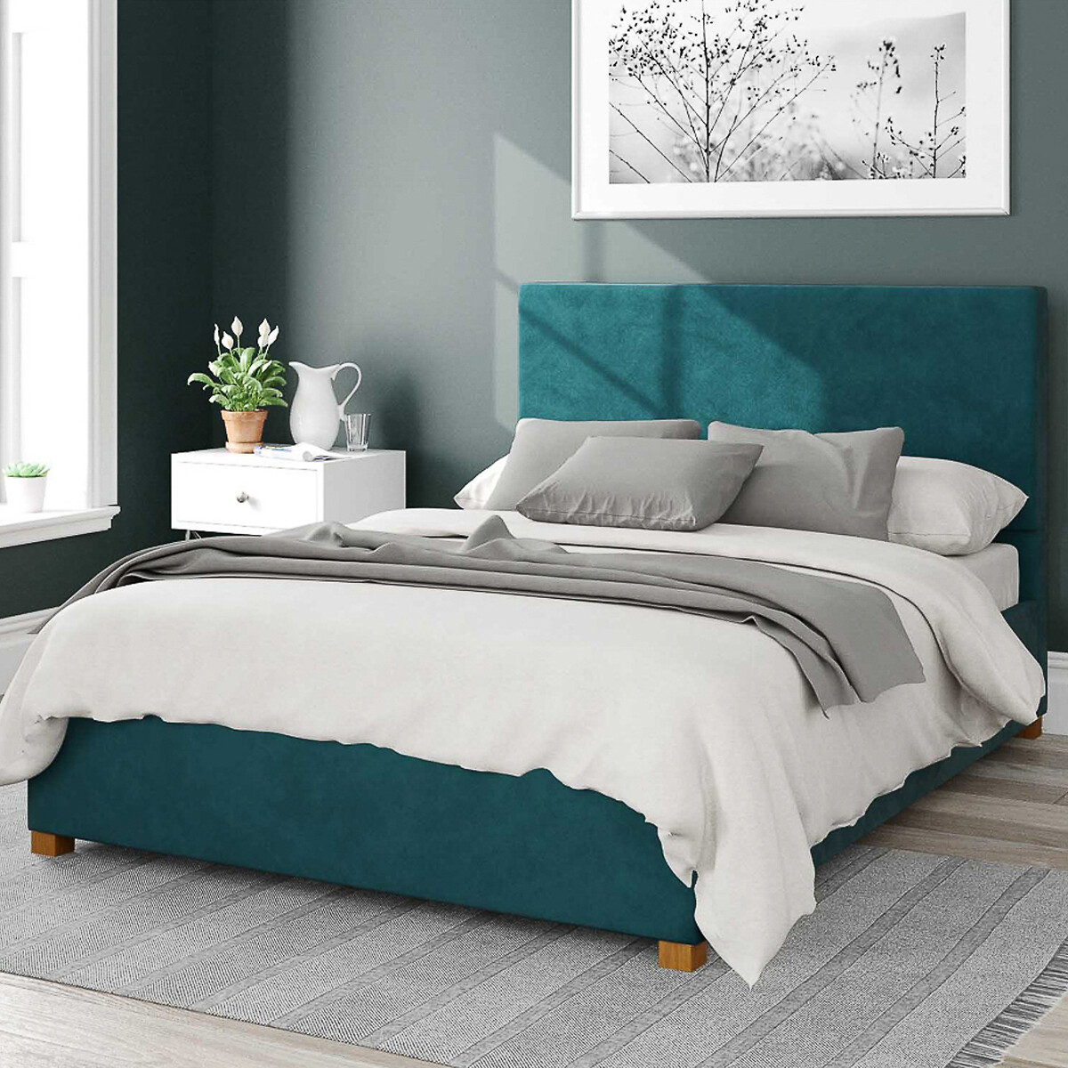 Aspire Unisex Emerald Garland Velvet Storage Ottoman Bed With Plain Upholstered Headboard King Size (150 X 200Cm)