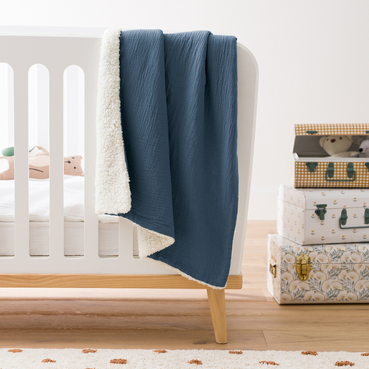 La Redoute Interieurs Kumla Cotton Muslin & Fleece Baby Blanket Unisex Prussian Blue Medium Infant
