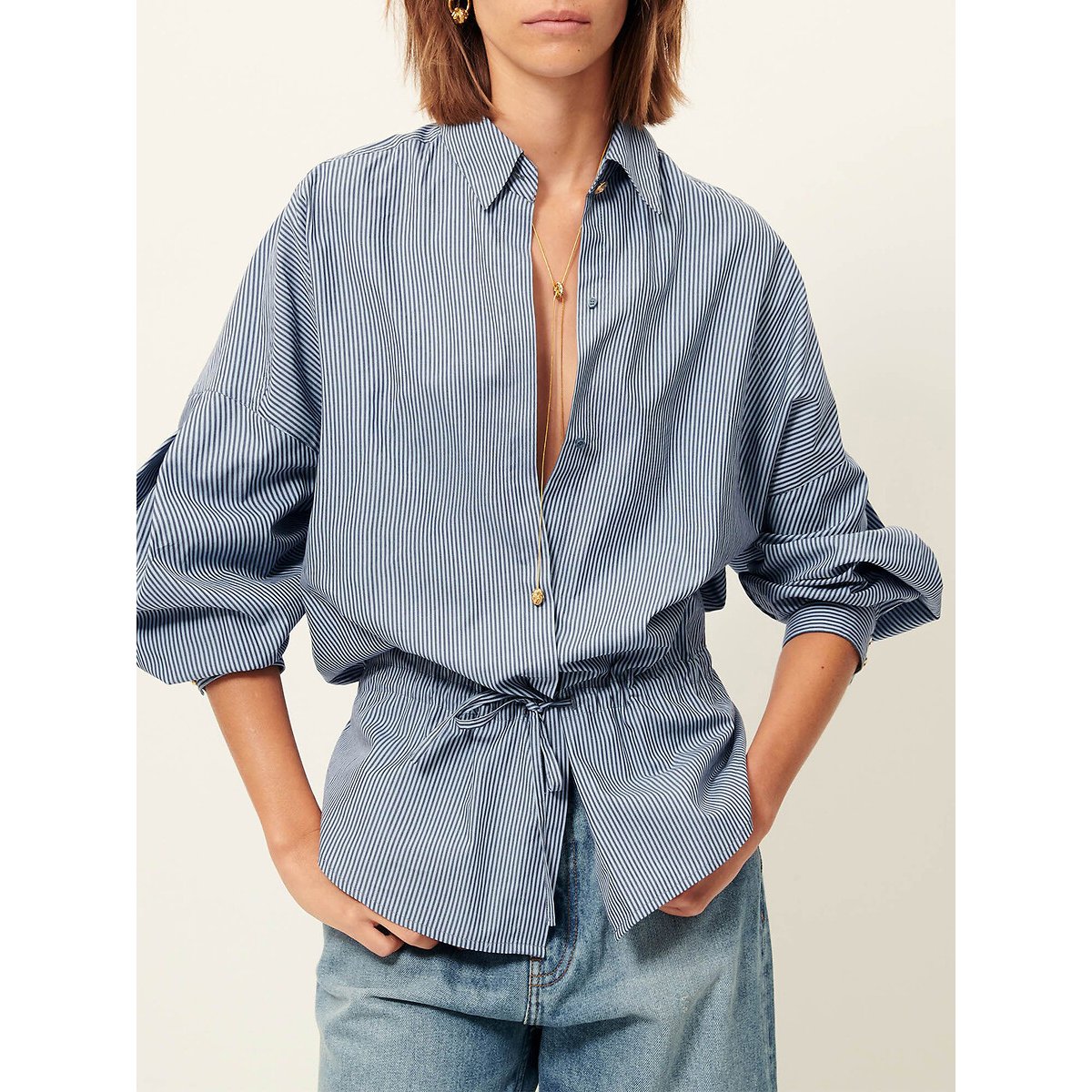 Sessun Santalin Striped Oversized Shirt With Drawstring Waist Women's Blue Striped Extra Small