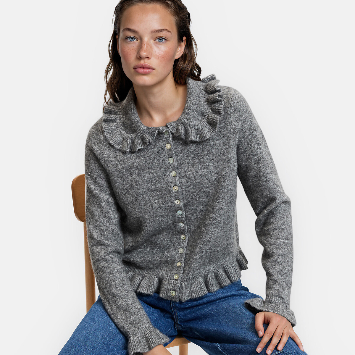 La Redoute Collections Ruffled Peter Pan Collar Cardigan Women's Grey Marl Xxl