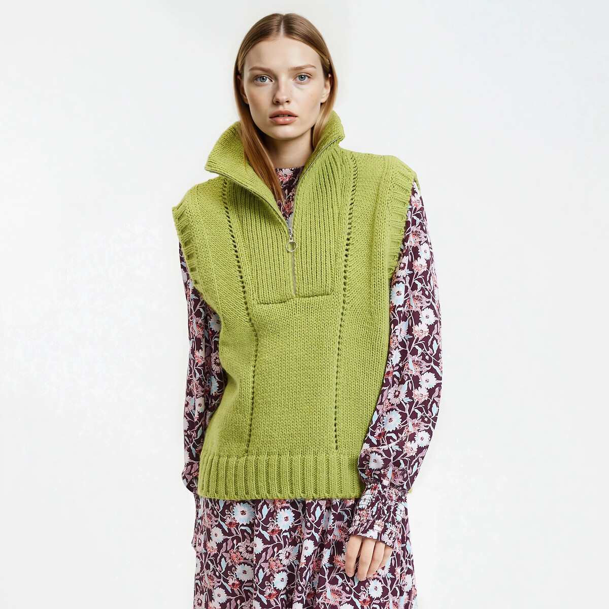 Pull col camionneur sans manches, grosse maille