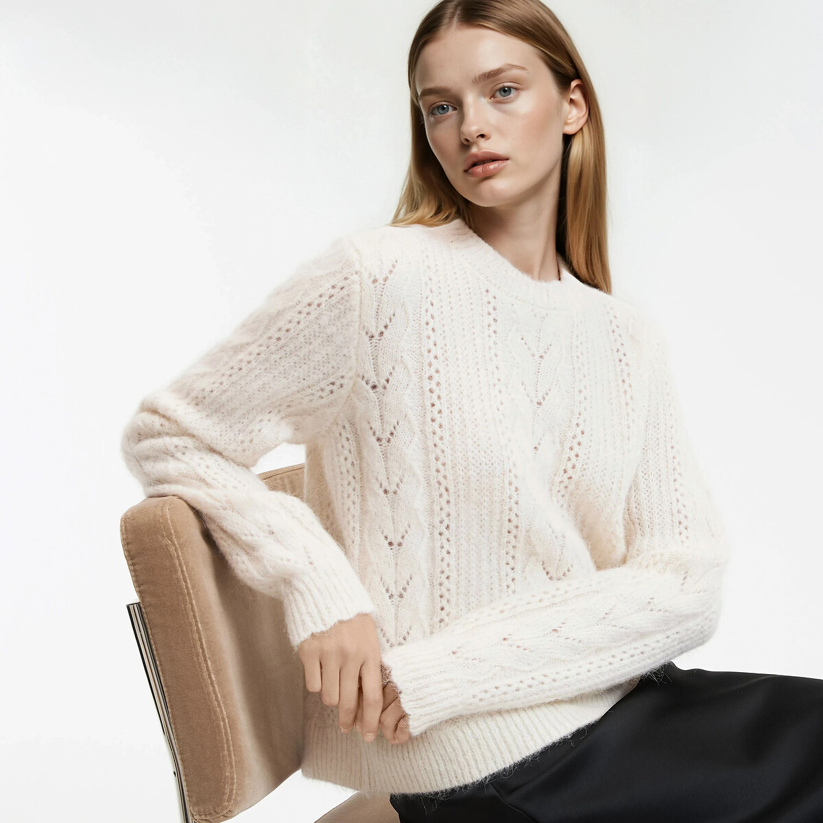 La Redoute Collections Women's Ecru Wool And Alpaca Blend Pullover In Openwork Knit Xxl