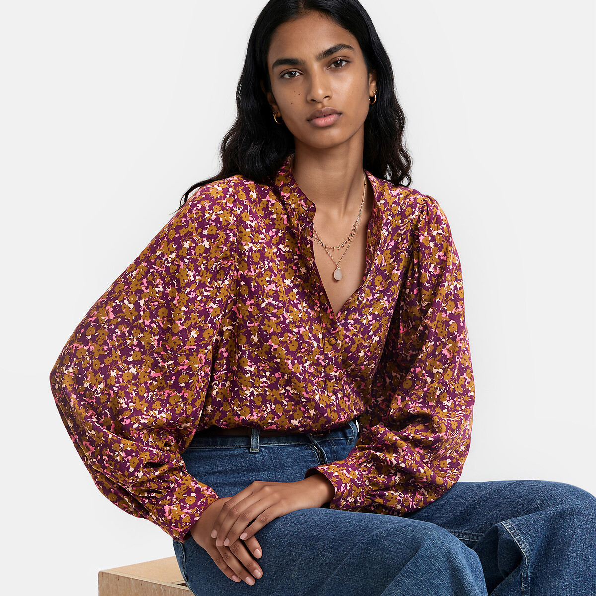 La Redoute Collections Camisa amplia, cuello redondo, estampado floral.