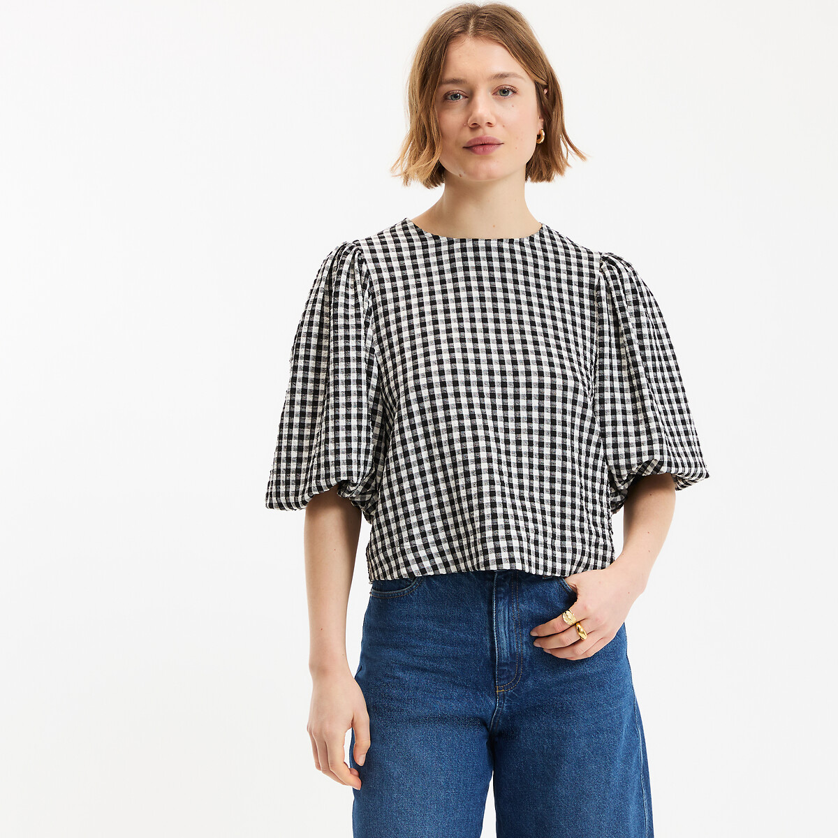 La Redoute Collections Checked Short Puff Sleeve Crew Neck Blouse Women's Black/White Gingham Large