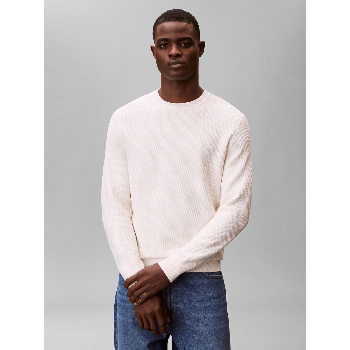 Calvin Klein Textured Crew Neck Jumper Men's Cream Extra Large