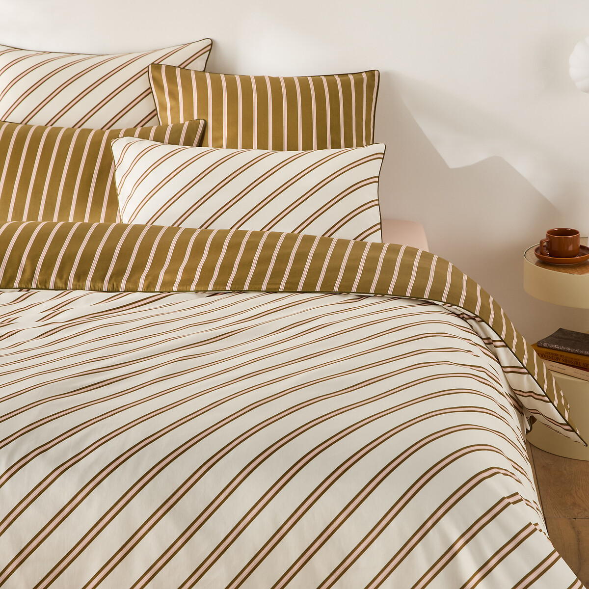 La Redoute Interieurs Georgio Duvet Cover In Cotton Satin Unisex Absinthe/Ecru Striped Single (140X200cm)