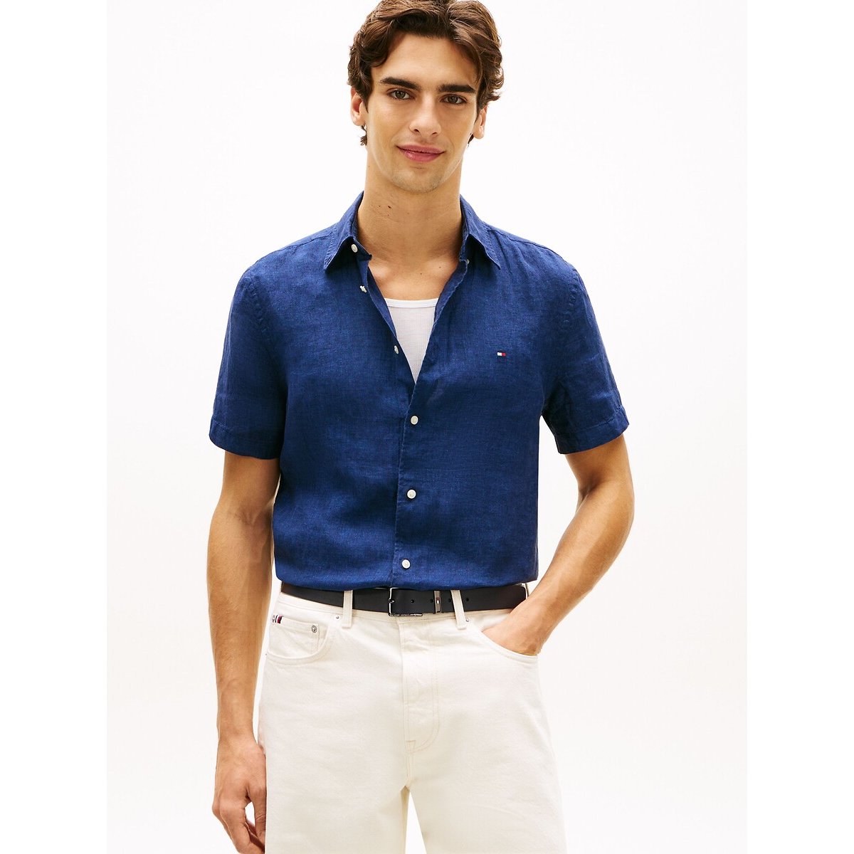 Tommy Hilfiger Linen Short Sleeve Shirt Men's Navy Blue Extra Large