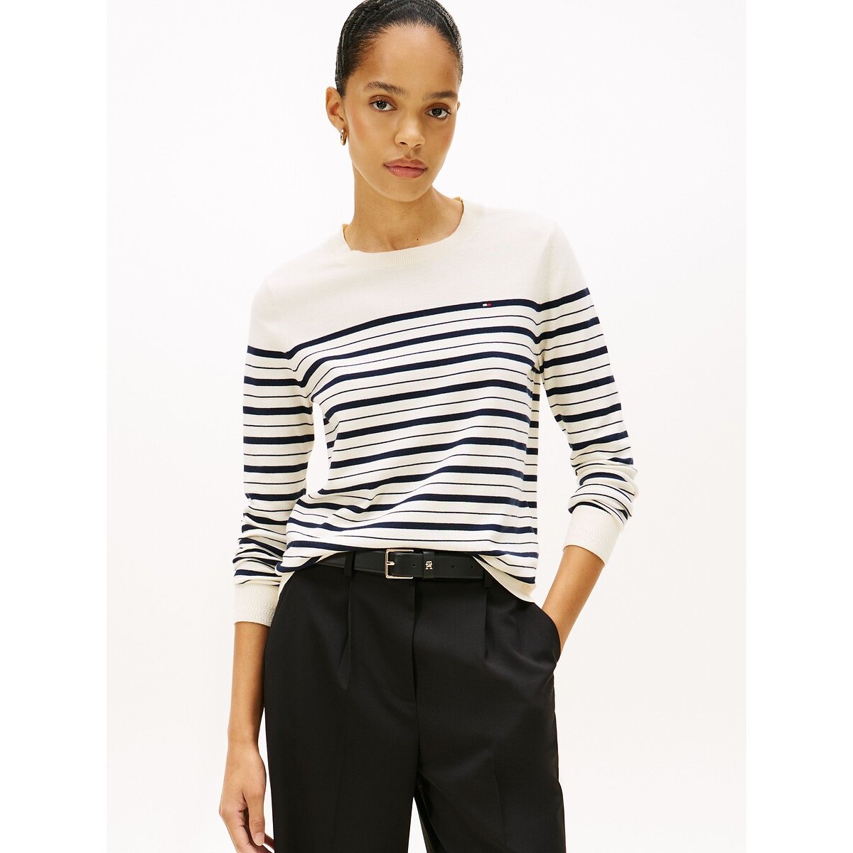 Tommy Hilfiger Striped Crew Neck Long Sleeve Jumper Women's Ecru/Navy Extra Small