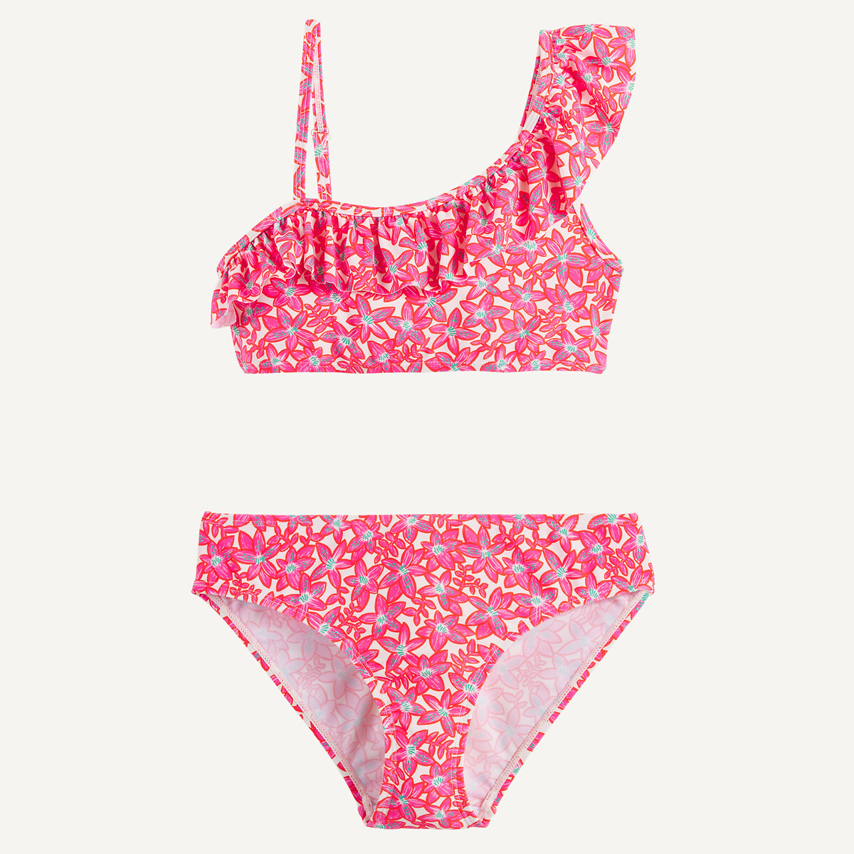 La Redoute Collections Floral Print Bikini With Asymmetric Ruffled Top Pink Print 14Y (156Cm)