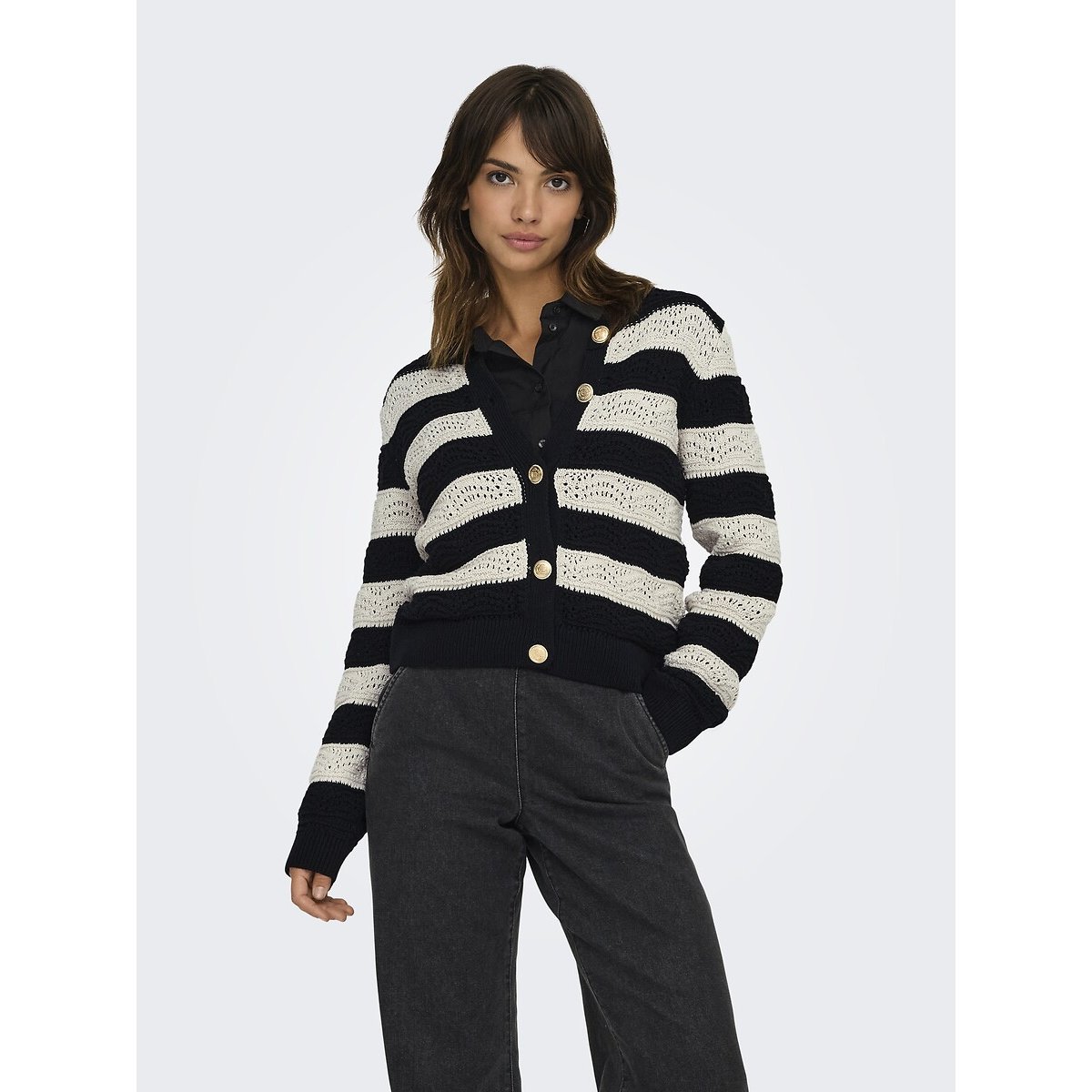 Only Striped Crew Neck Cardigan Women's Black/Ecru Small
