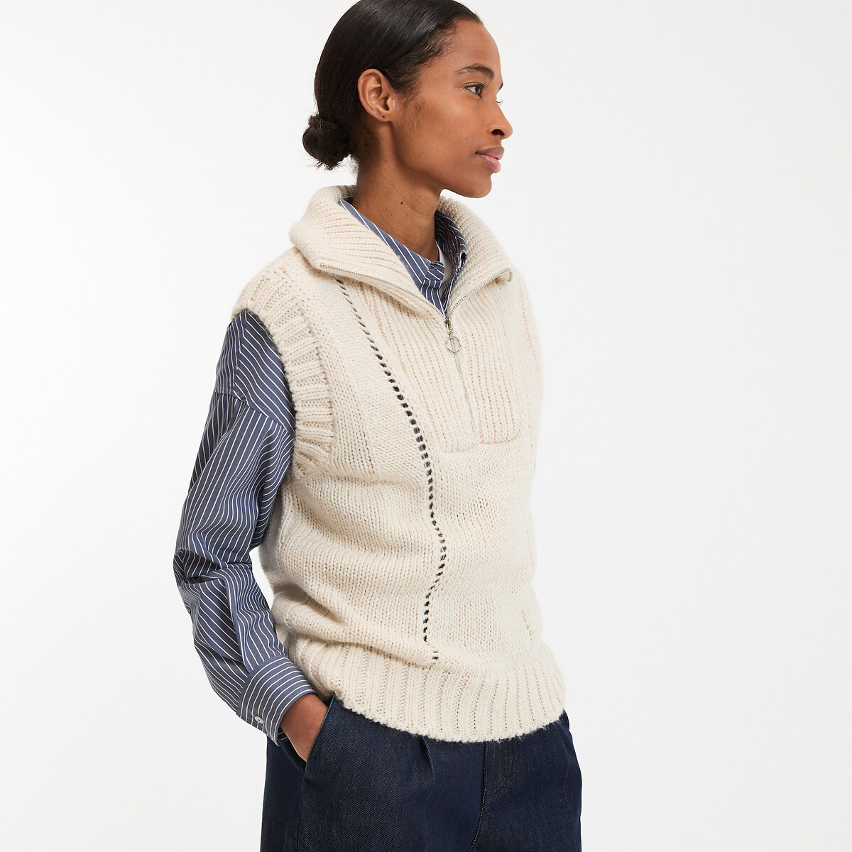 La Redoute Collections Sleeveless Trucker Collar Jumper In Chunky Knit Women's Ecru Xxl