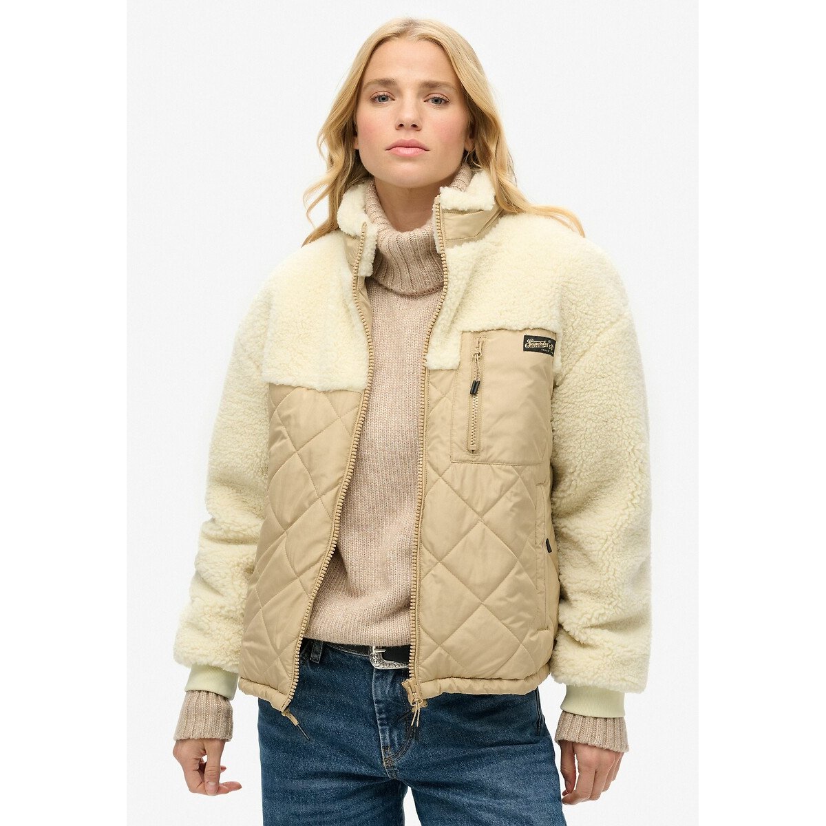 Superdry Cream Sherpa Workwear Hybrid Jacket Size 10