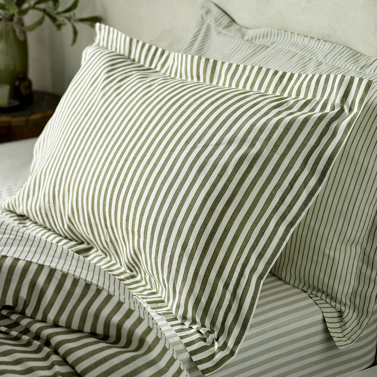 Yard Hebden 100% Cotton Striped Pair Of Pillowcases Unisex Olive Standard (50X70cm)