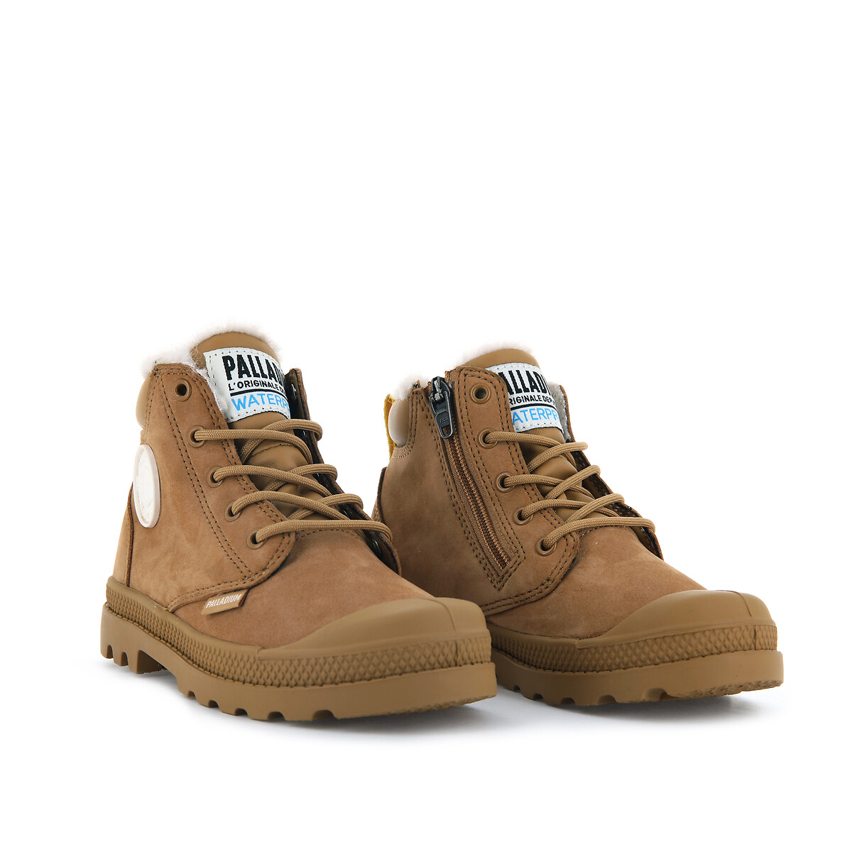 Palladium Pampa Hi Cuff Waterproof Ankle Boots In Leather With Faux Fur Lining Brown Size 35 Kids