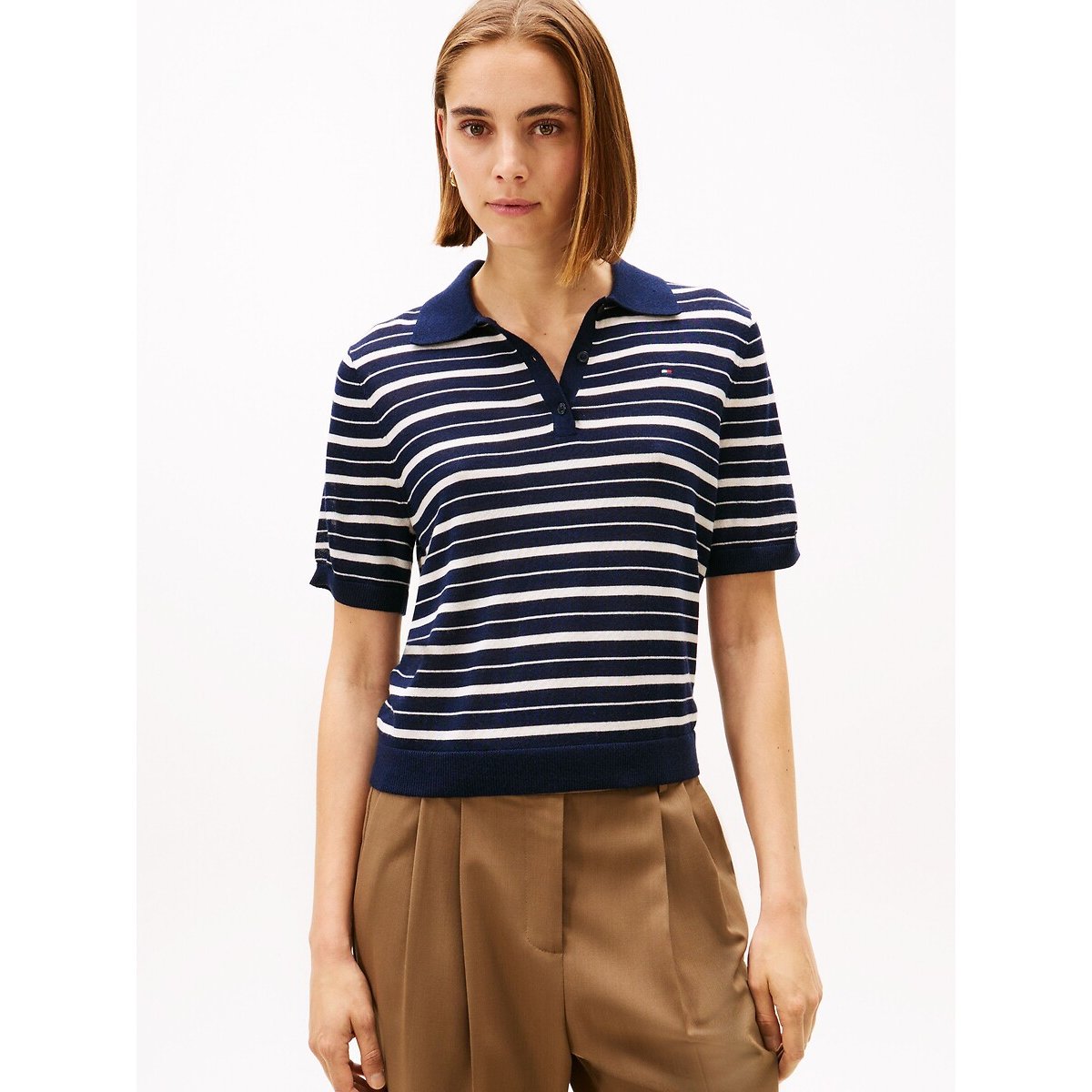 Tommy Hilfiger Striped Short Sleeve Polo Collar Jumper Women's Navy/Ecru Striped Medium