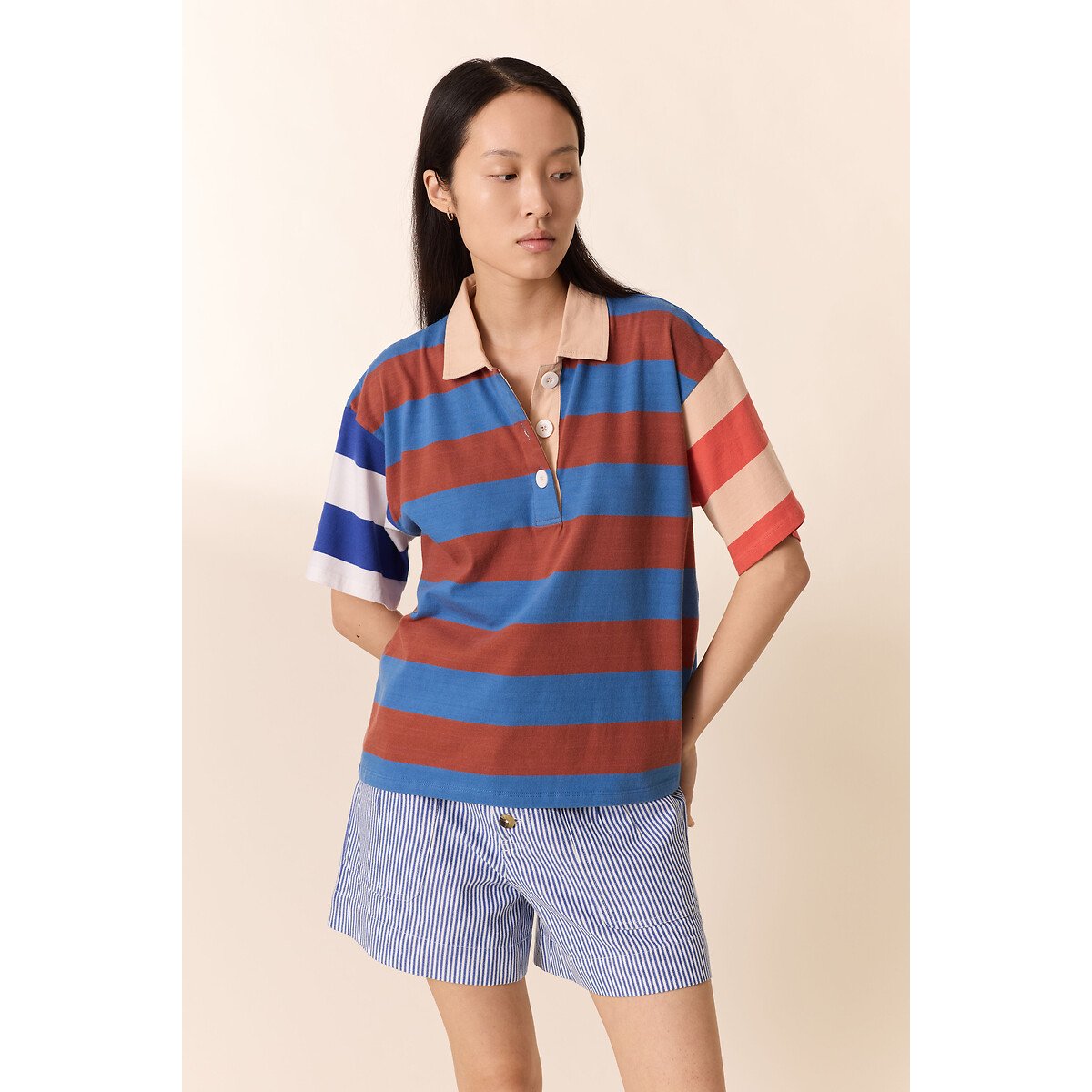 Leon & Harper Salty Striped Oversized Polo Shirt Women's Multi-Coloured Small