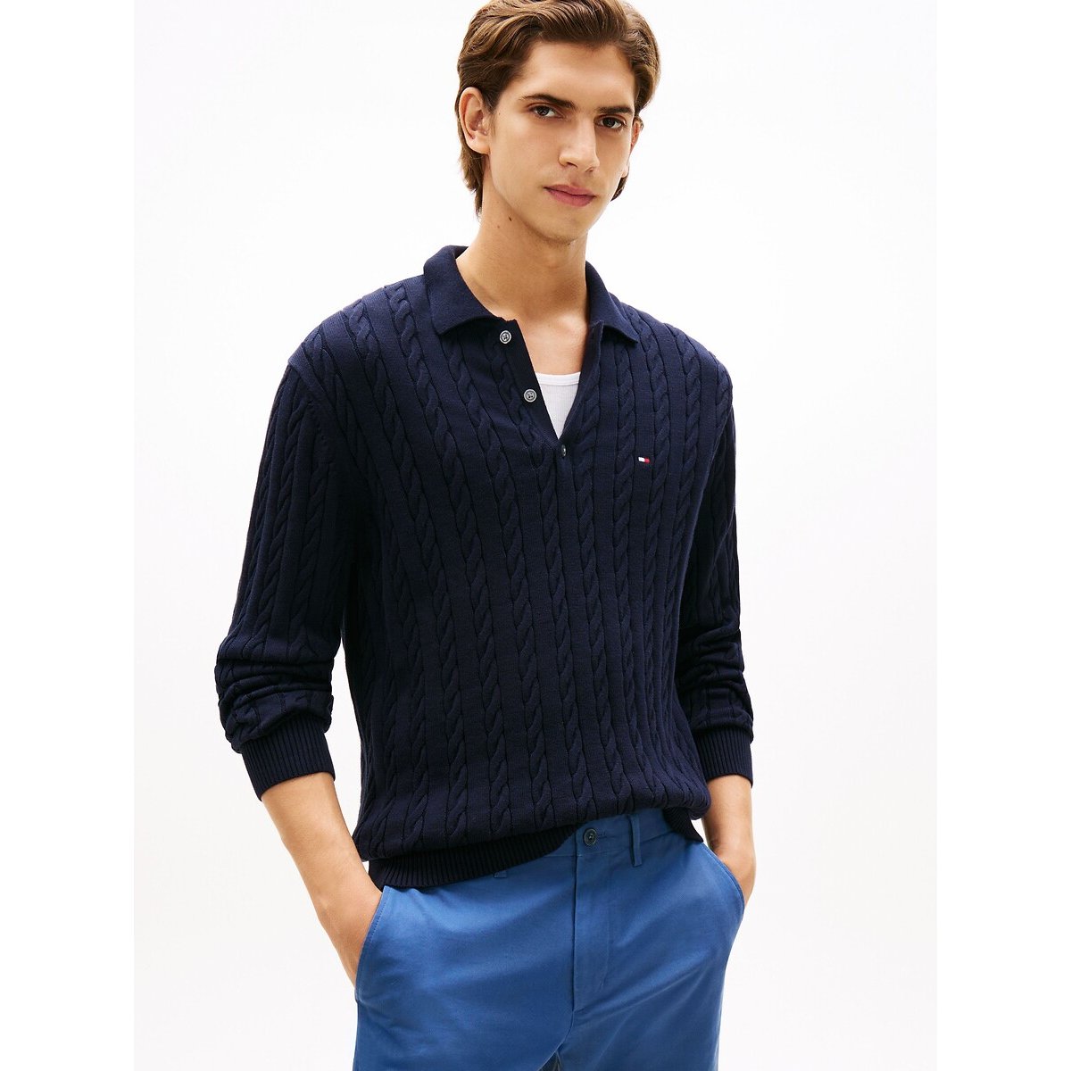 Tommy Hilfiger Buttoned Shirt Collar Structured Jumper Men's Navy Blue Xxl