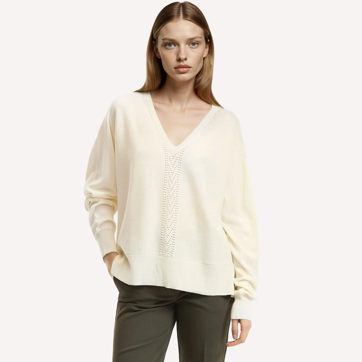 Anne Weyburn Wool Blend V-Neck Jumper In Fine Knit Women's Ivory Medium